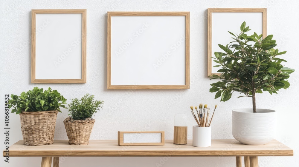 Poster scandinavian minimalistic interior with empty picture frames on wall generative ai