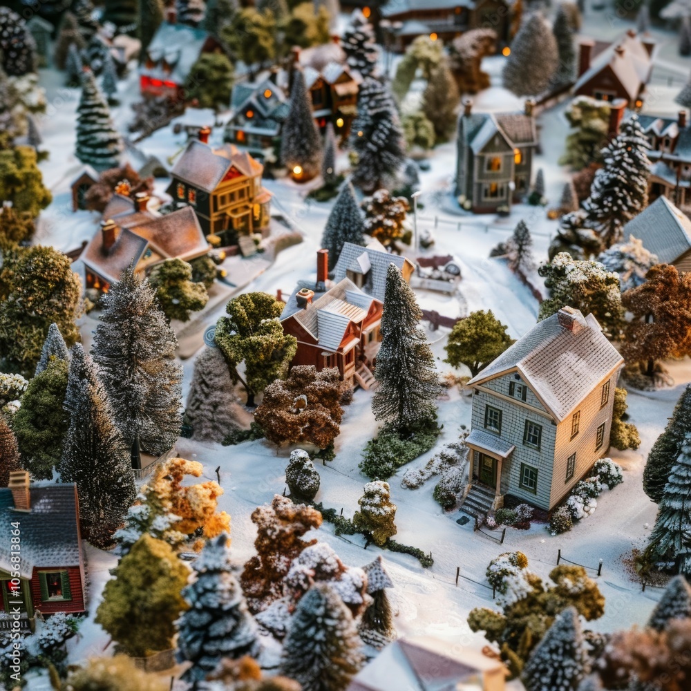 Poster a small town with houses and trees covered in snow. the houses are all different sizes and shapes, a