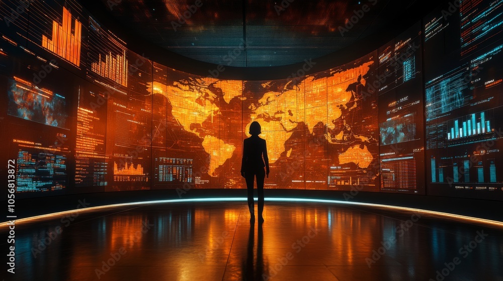 Poster silhouette of a person standing before a world map displayed on multiple screens in a dark room