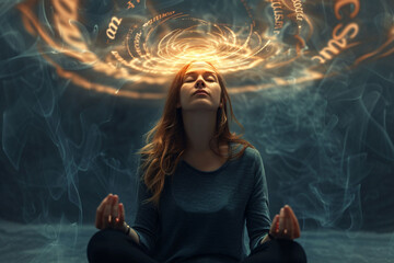 Woman meditating, surrounded by swirling aura of thoughts, radiating energy and spiritual power