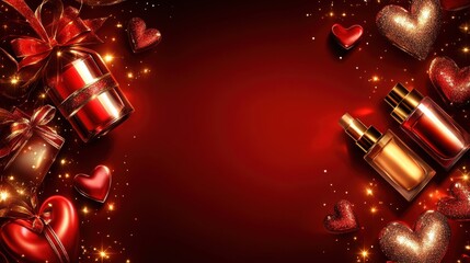Decorative arrangement of perfume bottles and heart-shaped ornaments on a festive red background celebrating love and romance