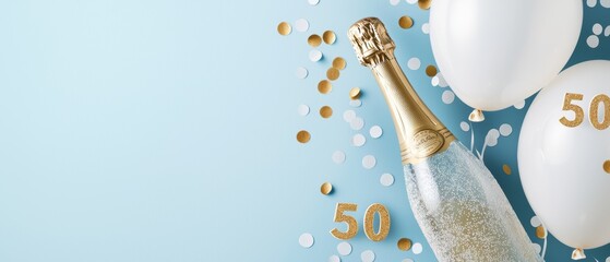 Bottle of champagne bursting with confetti and  50  text balloons, vibrant 50th anniversary or birthday theme, blue background