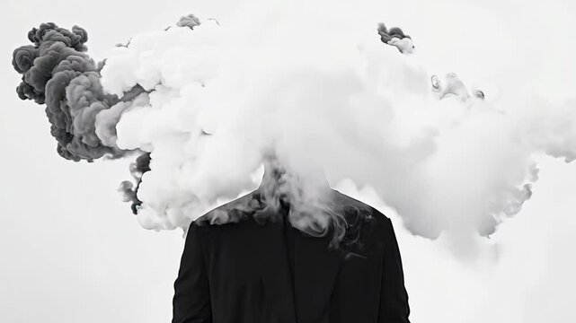 Surreal cloud head illusion in artistic black and white conceptual abstract visual art, 4k video