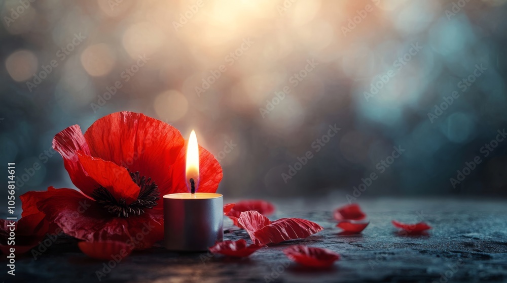 Poster tranquil candlelight with red poppy petals on a dark surface against a soft bokeh background