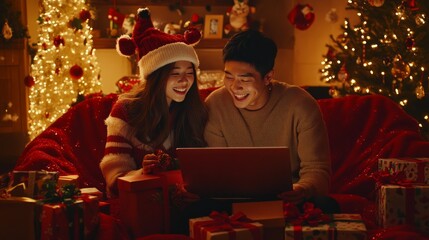 Naklejka premium A young couple wearing festive attire and smiling while using a laptop in their living room with a Christmas tree and gifts in the background.