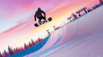 Extreme Winter Sports: Snowboarder Soaring in Vibrant Winter Sunset with Snow Cascade - Ultra-Detailed Action Shot