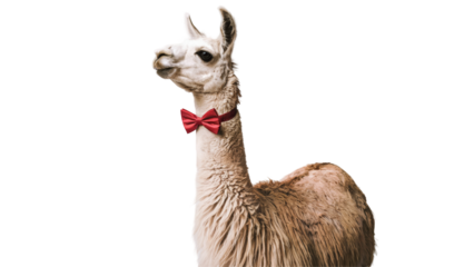 Cute and fluffy llama wearing red bow tie on transparent background, whimsical and quirky animal portraits. Fashionable farm animal concept