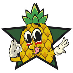 Cute and happy fun pineapple isolated vector cartoon mascot character out from of a star by giving an OK sign, work of hand drawn