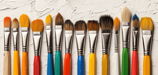 Fototapeta premium Diagonal arrangement of pencils and paintbrushes in bright colors, white background, artistic workspace concept