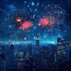 New Year Eve city lights and fireworks