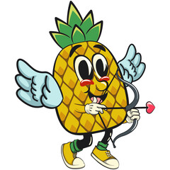 Cute and happy fun pineapple isolated vector cartoon mascot character angel wings and the arrow of love, work of hand drawn