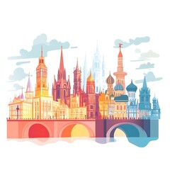 Obraz premium Cartoon skyline of a famous city with landmarks like bridges and towers on a white background.