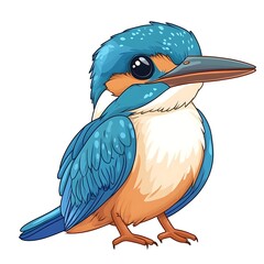 Naklejka premium A cartoon kingfisher sitting on a white background.