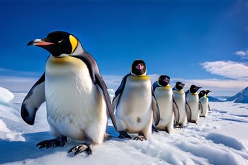 Obraz premium a group of emperor penguins sliding down an ice slope on their b