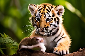 Obraz premium a tiger cub playing with a toy mouse