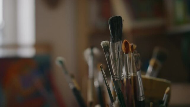 No people closeup of paint brushes in cluttered tiny creative artist studio, in front of blurred unfinished painting, in ambient daylight