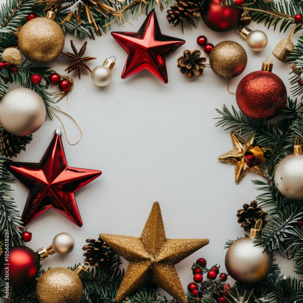 Poster christmas props positioned in a star-shaped pattern with space for text.