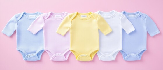 Naklejka premium Flat lay of colorful baby clothes on pink background, cozy onesies and knitwear, cute and playful newborn essentials