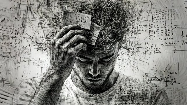 Composite artwork sketch image collage of outdoors monochrome young man hand hold pile book half head open brainstorming think math figure Video