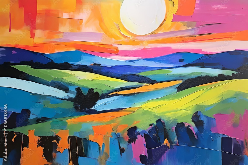 Poster abstract expressionist interpretation of rolling hills and meado