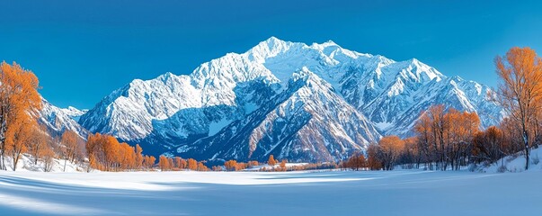 Stunning winter landscape featuring majestic snow-capped mountains under a clear blue sky, with vibrant autumn trees in the foreground.