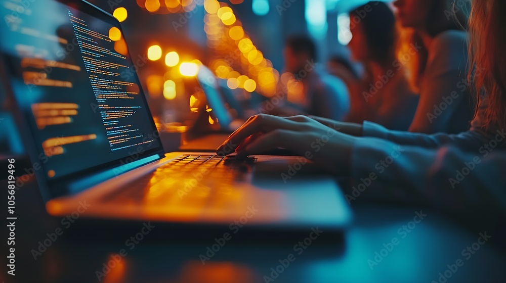 Poster Hands Typing on Laptop with Code on Screen in Modern Office Environment at Night : Generative AI