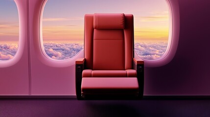 Travel fatigue relief scene with a sleek reclining chair in an airplane cabin