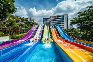 Aquapark sliders with pool. colored plastic water slides with pool in outdoor aqua park. 