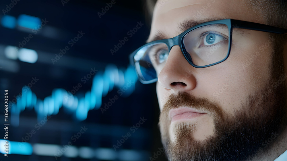 Wall mural businessman analyzing fluctuating value chart, reflective investment perception. strategic investmen