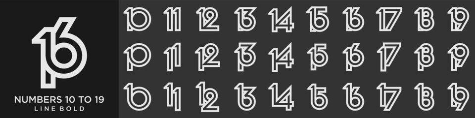 collection of creative number 10 to 19 logo designs. abstract number design vector illustration