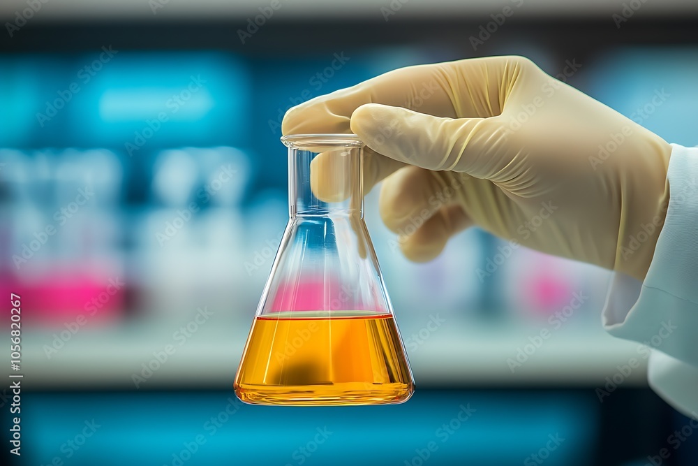 Poster Scientist holding flask with orange liquid in modern laboratory setting : Generative AI