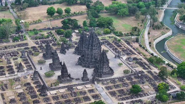 Prambanan Hindu Temple in Yogyakarta, Indonesia. Ancient temple. World heritage and tourist attraction. Aerial