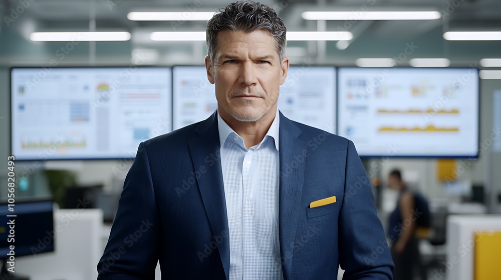 Poster confident business leader in a modern office setting with data analytics on display