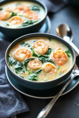Delicious shrimp soup with spinach served in a dark bowl, highlighting fresh ingredients and vibrant colors at a cozy dining setting