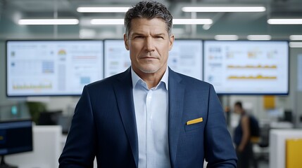 Confident business leader in a modern office setting with data analytics on display