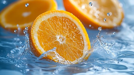 A few orange slices and water drops fall