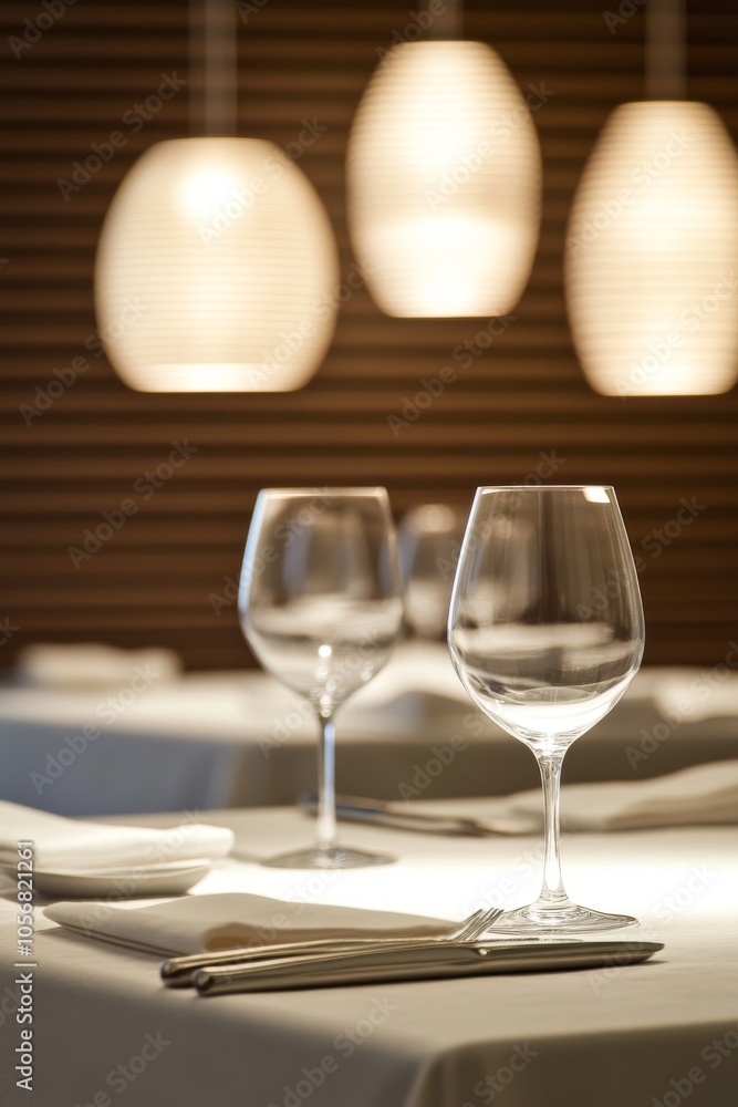 Poster a table with two wine glasses and a fork and knife on a napkin. the table is set for a meal