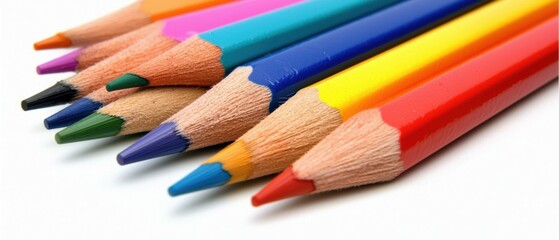 Mixed colored pencils and paintbrushes on white surface, vibrant art tools arrangement, top view, minimal background