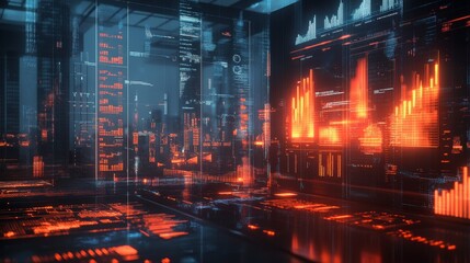Obraz premium Futuristic Cityscape with Digital Overlays and Data Visualization