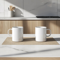 white mug mockup on kitchen table