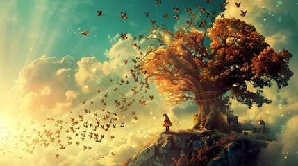 Dreamy Landscape with a Girl and a Tree