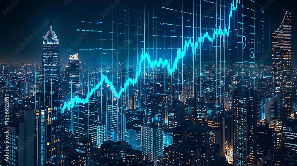 Poster illuminated skyline with financial graph showing a steady rise in market : generative ai