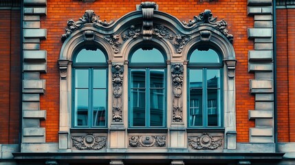 Decorative Brick and Stone Architecture with Symmetrical Window Design : Generative AI