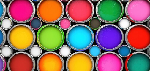 Paint cans in bright colors with paintbrushes, organized on white background, art and creativity concept, top view