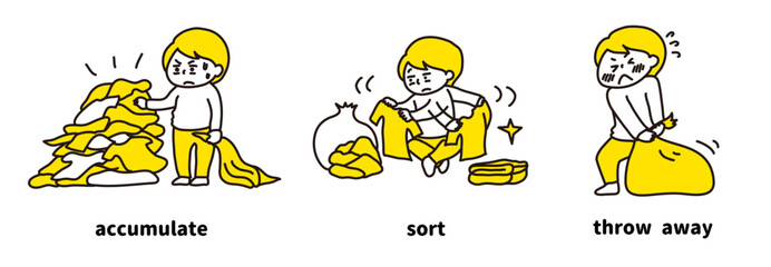 溜まって整理しきれない洋服を、必要なものを仕分けて、不要なものを捨てるイラスト（パステル）