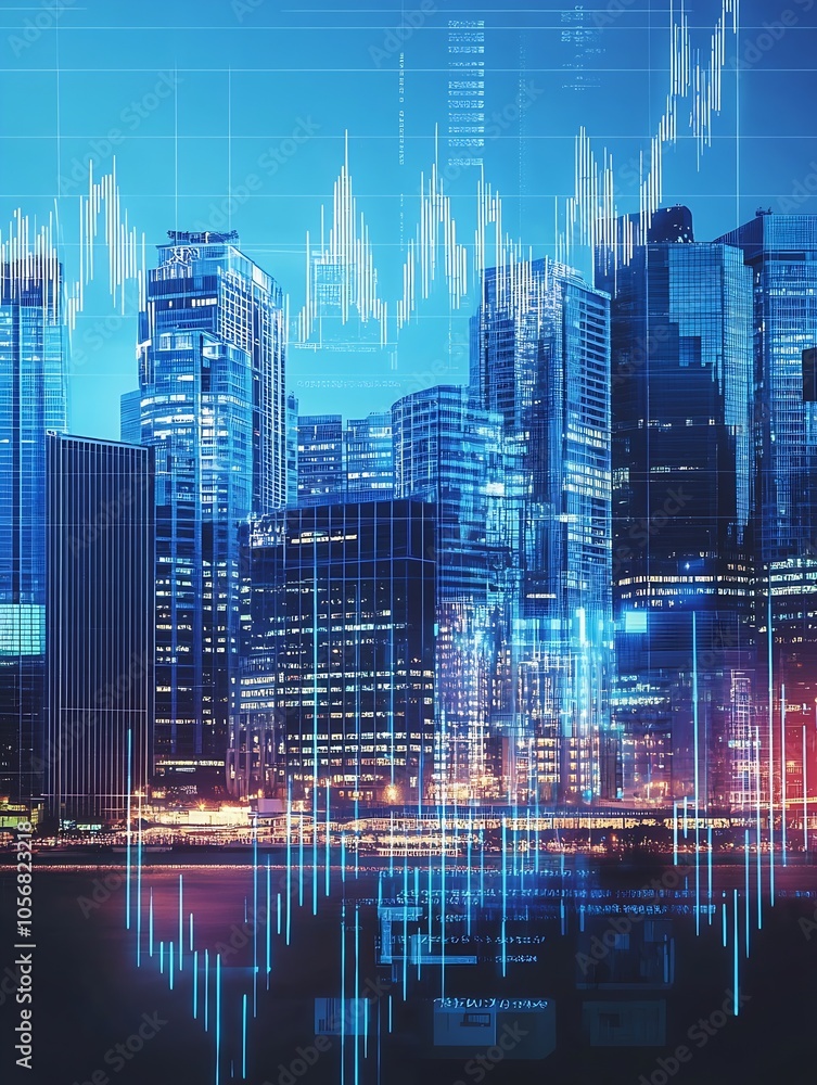 Aufkleber Modern City Skyline with Financial Data Overlay and Technological Elements : Generative AI