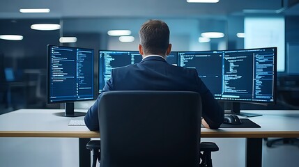 A focused professional analyzing data on multiple monitors in a modern office environment for enhanced productivity and insightful decision-making