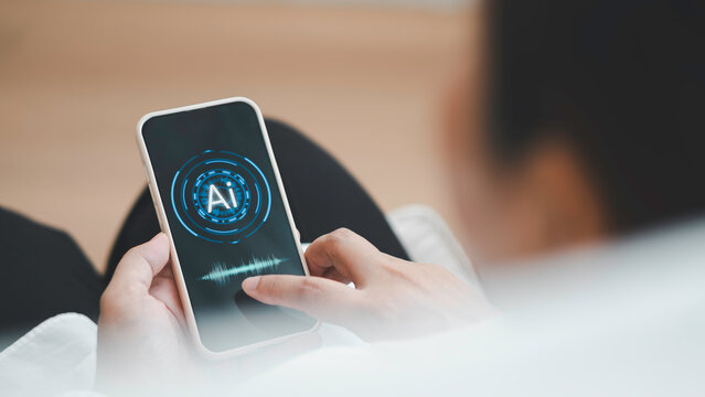 hand holding smart phone voice command with digital Artificial intelligence AI, technology smart robot AI, artificial intelligence for idea and generates.