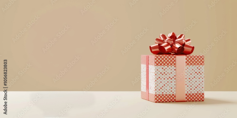 Poster a red box with a red bow on top sits on a table. the box is decorated with a pattern of dots and the