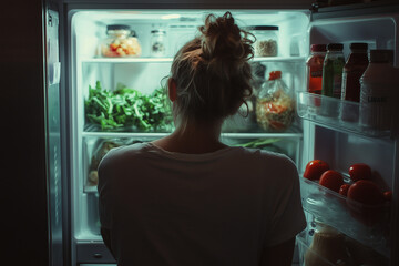 Person thoughtfully looking into fridge